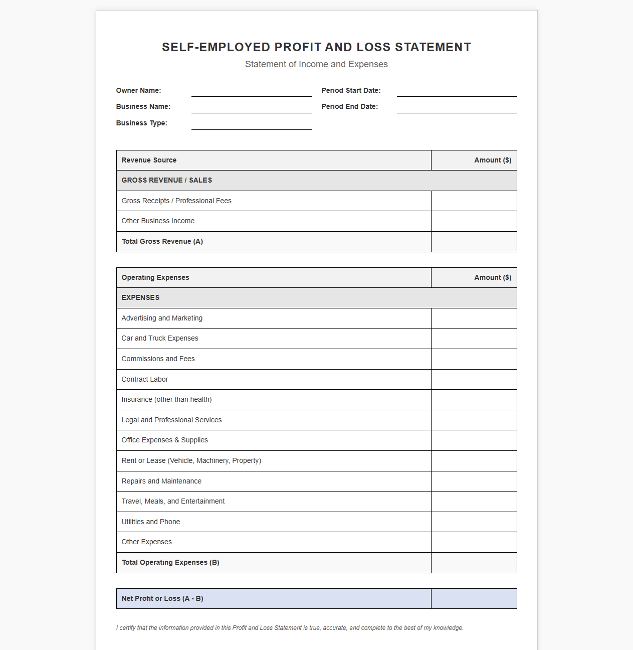 Self-Employed Profit and Loss Statement Template