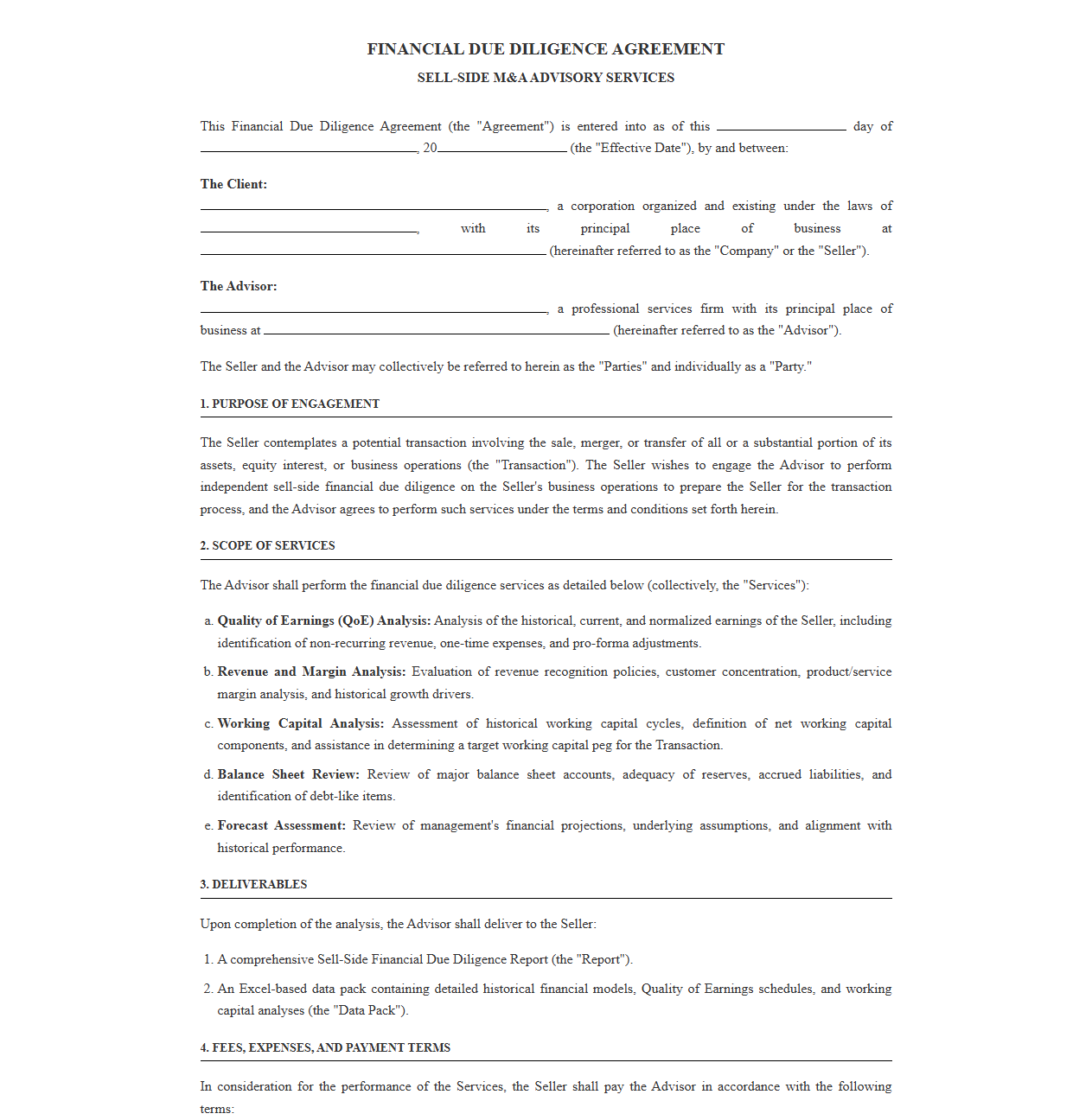 Sell-Side M&A Financial Due Diligence Contract Template