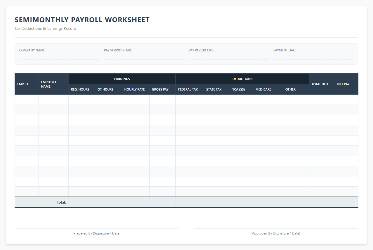 Semimonthly Payroll Worksheet with Tax Deductions