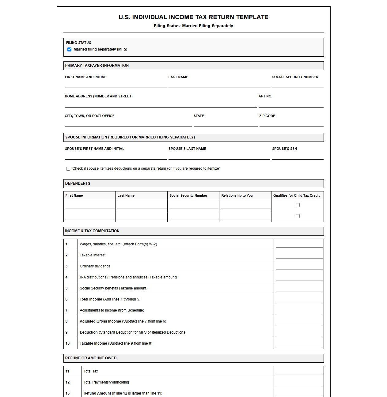 Separate Filing Status Tax Return Template