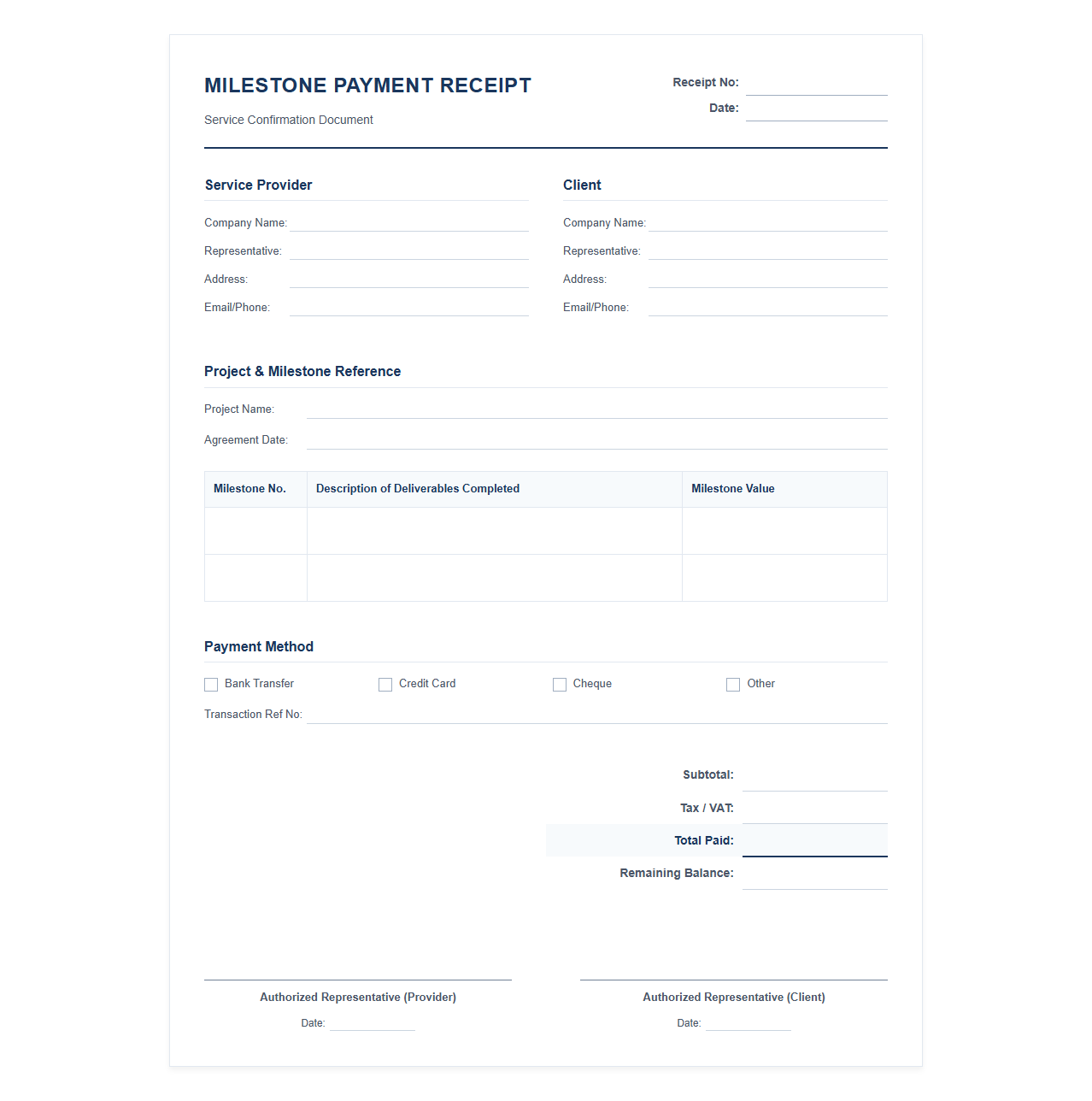 Service Milestone Payment Confirmation Document