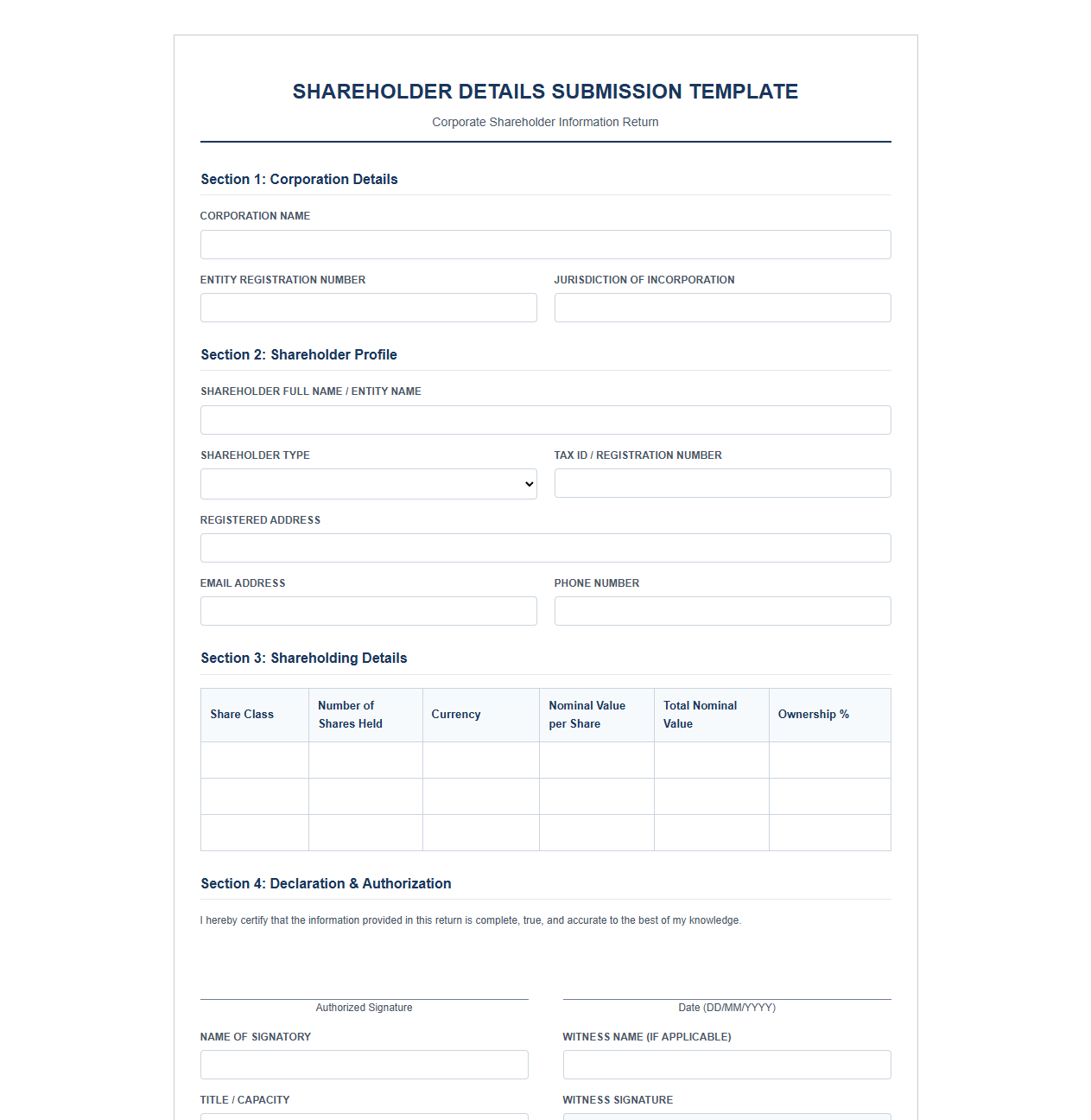 Shareholder Details Submission Template for Corporations