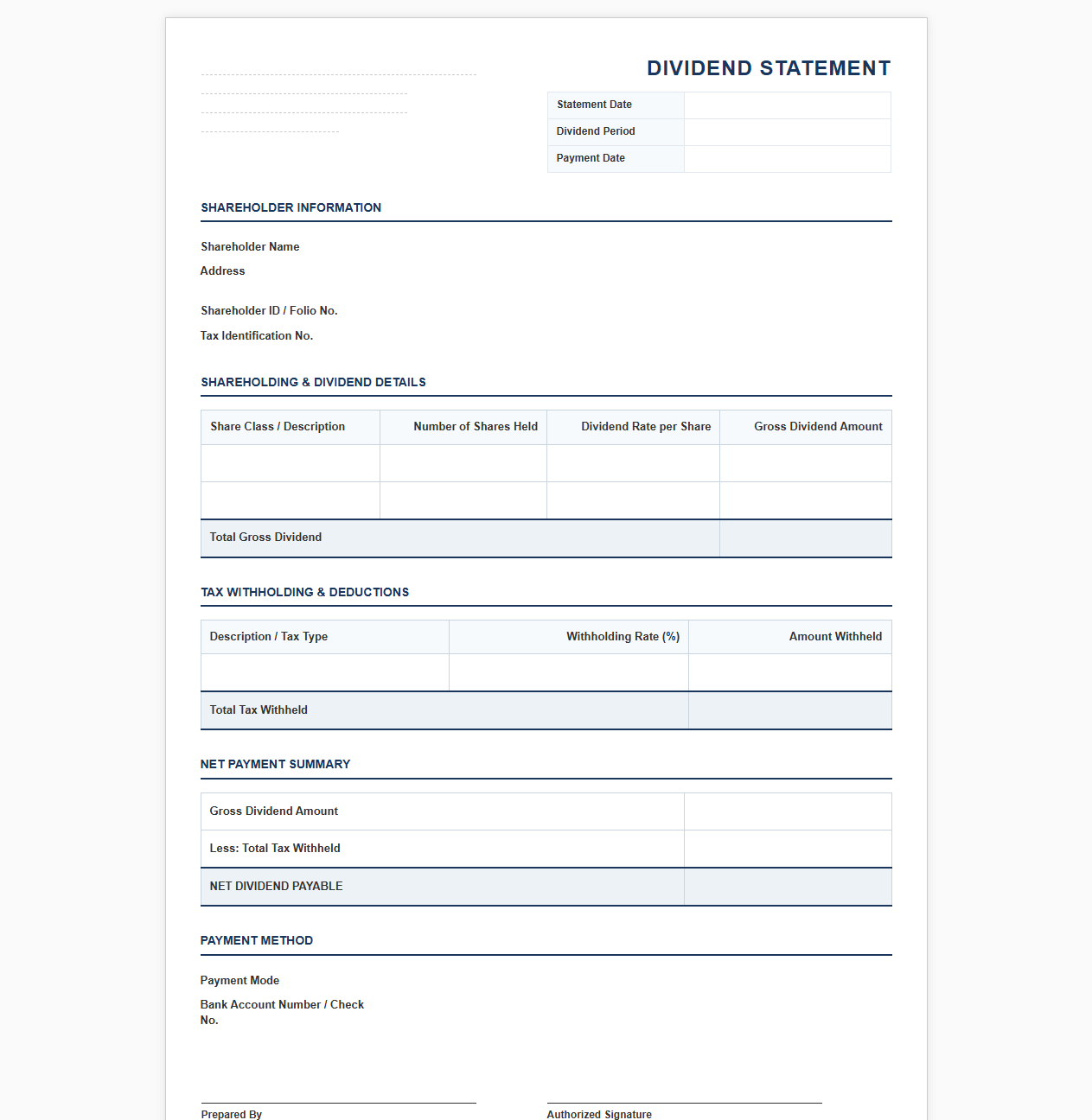 Shareholder Dividend Earnings Statement Template