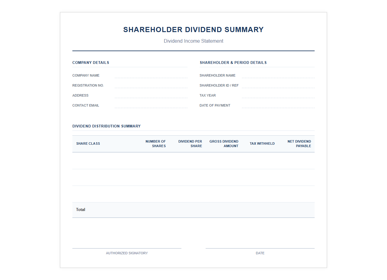 Shareholder Dividend Summary Sheet