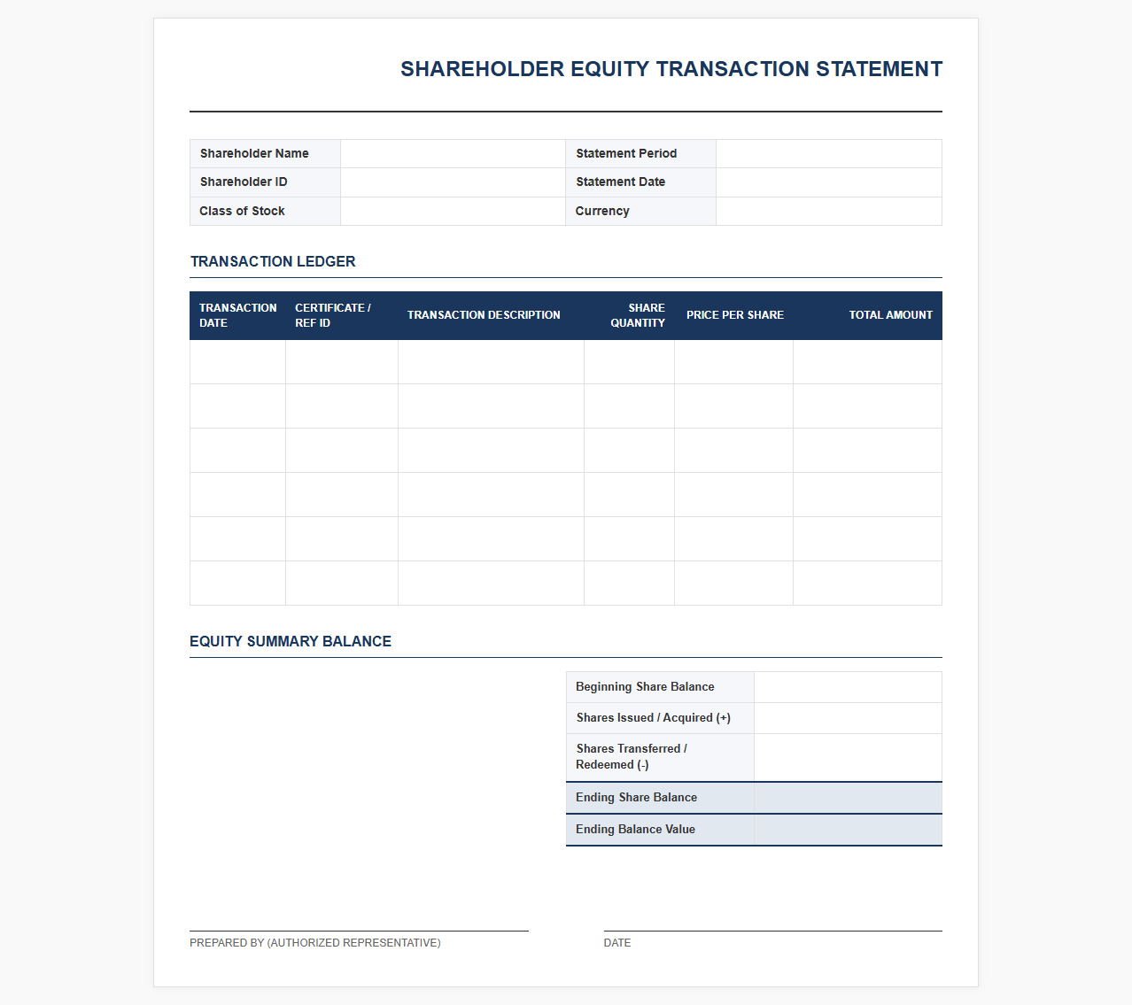 Shareholder Equity Transaction Statement Template