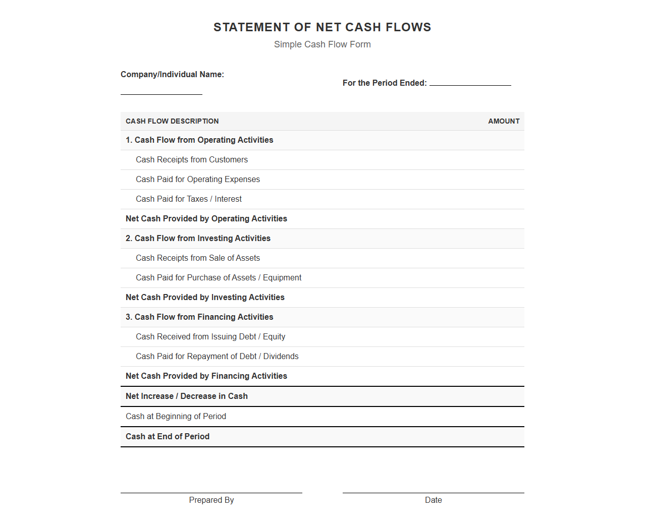 Simple Net Cash Flow Statement Form