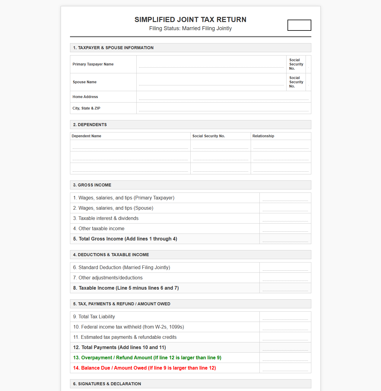 Simplified Joint Tax Return Template for Couples