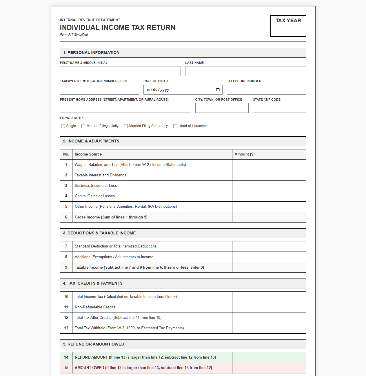 Simplified Personal Tax Return Form