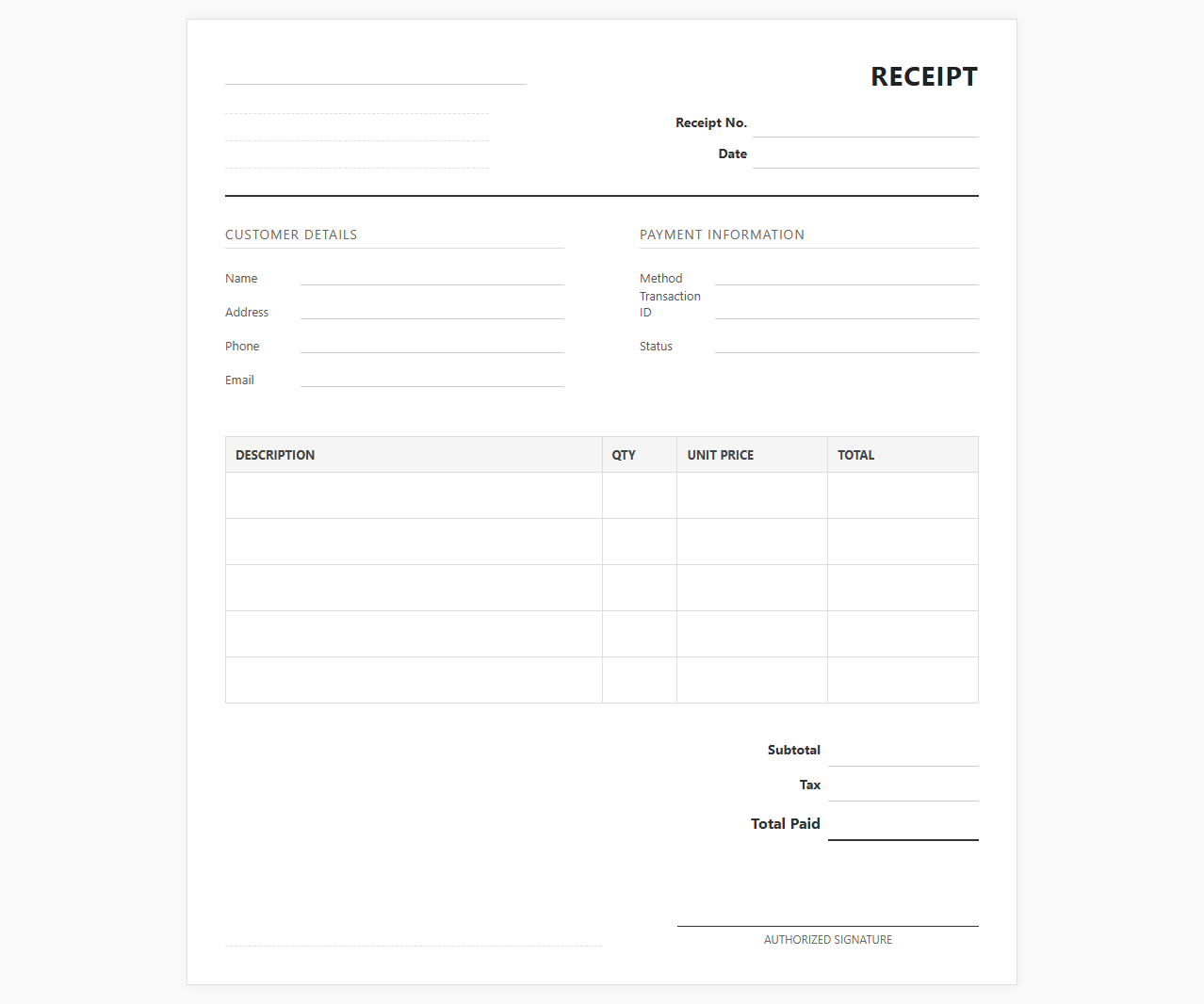 Small Business Client Payment Receipt Template