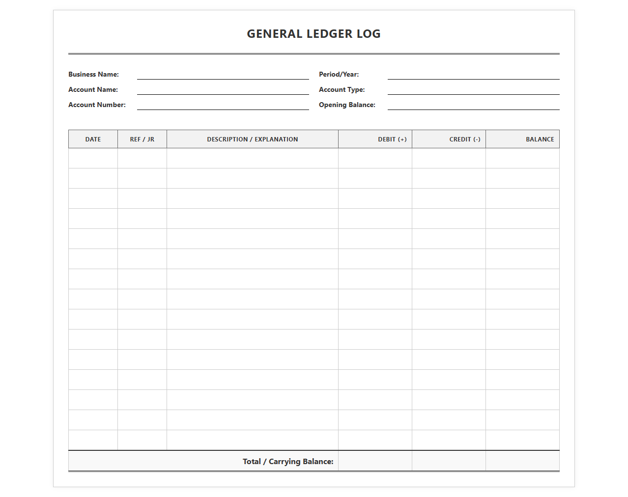 Small Business General Ledger Log