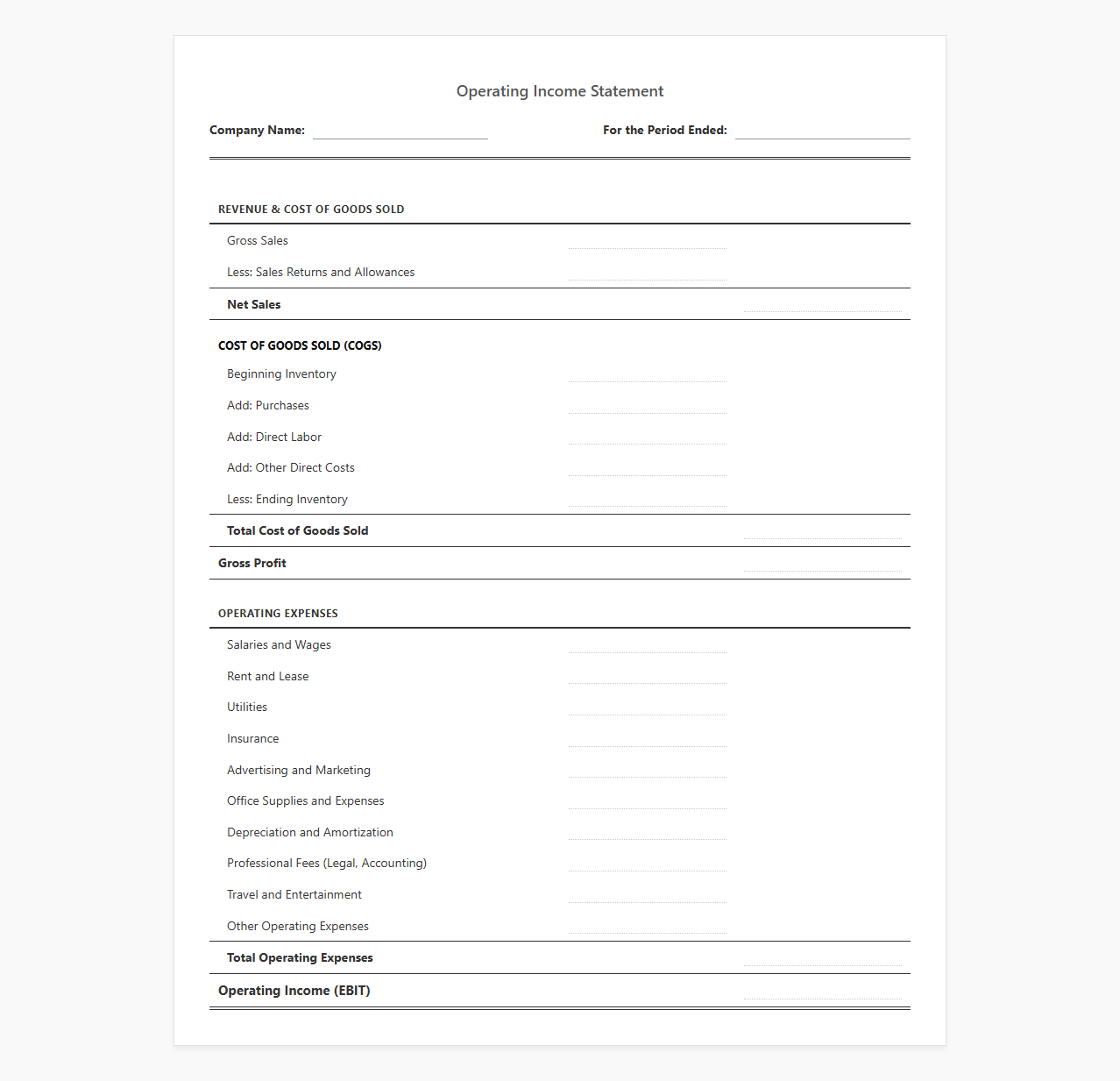 Small Business Operating Income Statement Template
