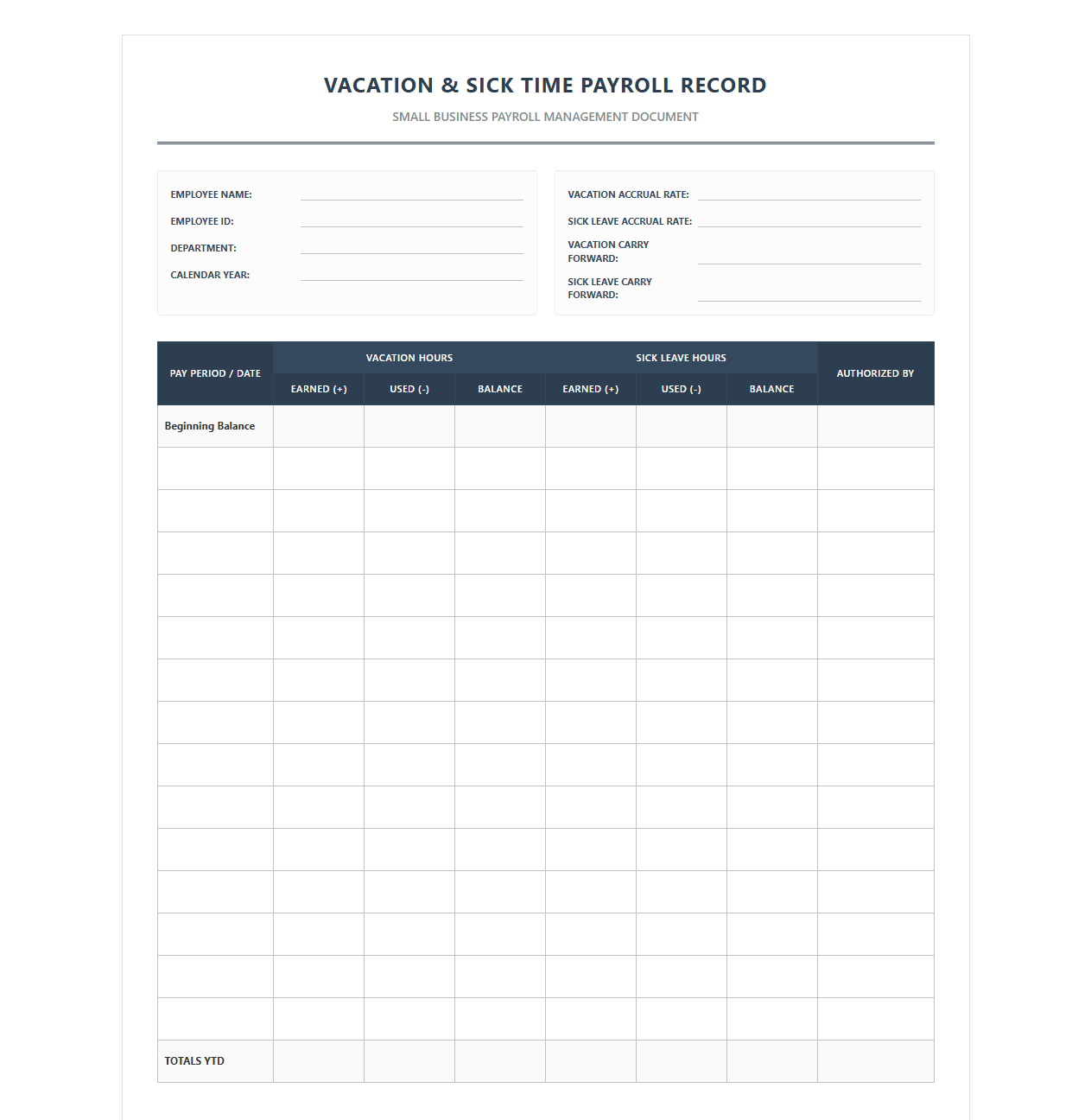 Small Business Vacation and Sick Time Payroll Record