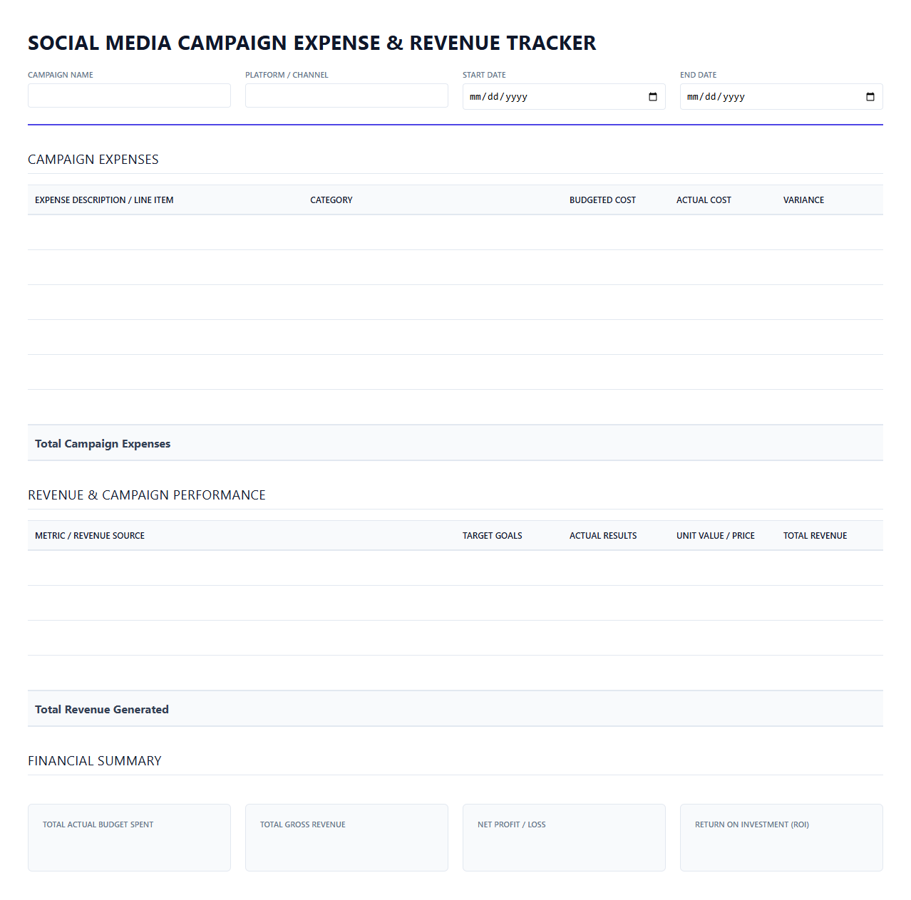 Social Media Campaign Expense and Revenue Tracker