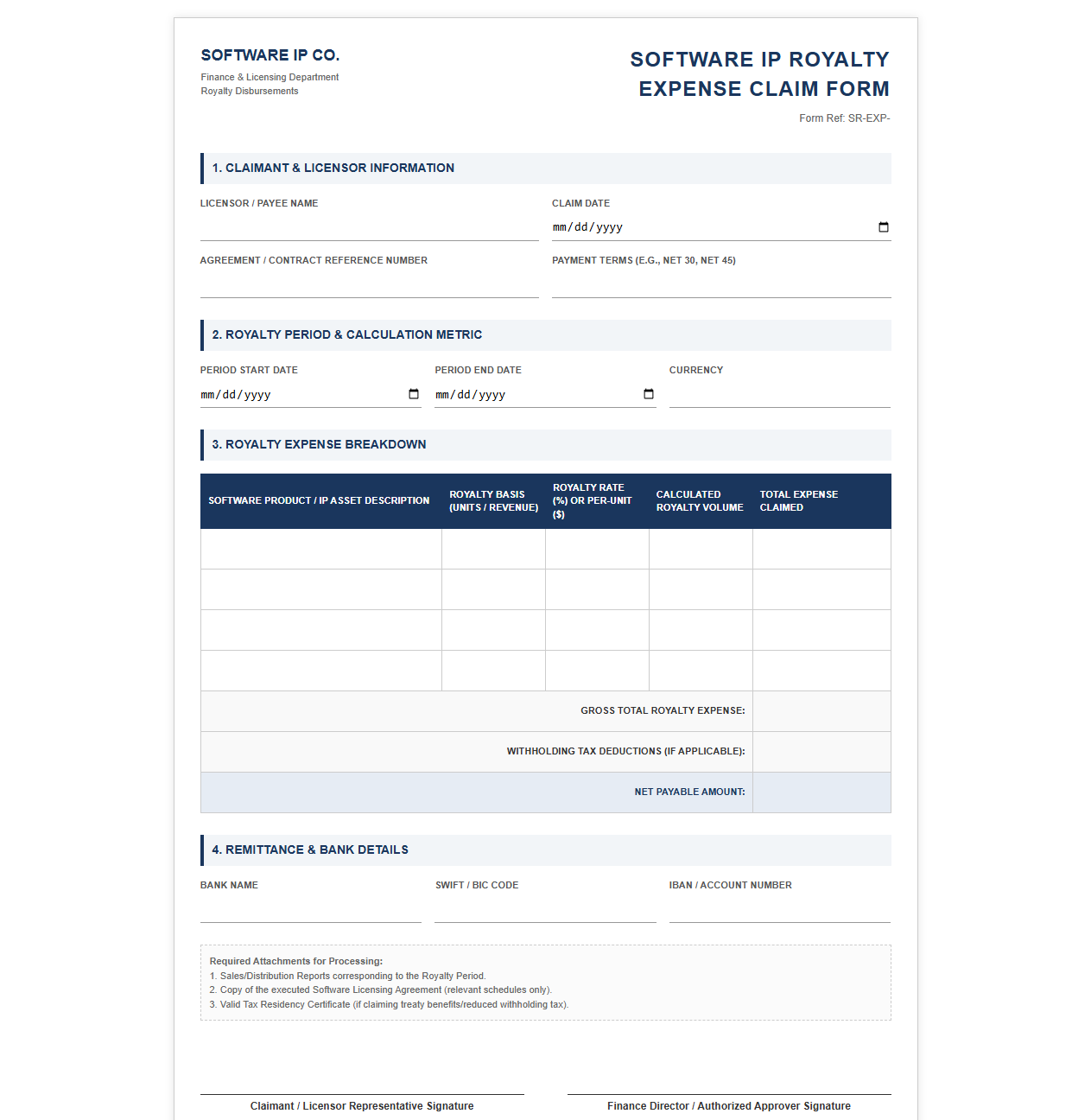 Software IP Royalty Expense Claim Form