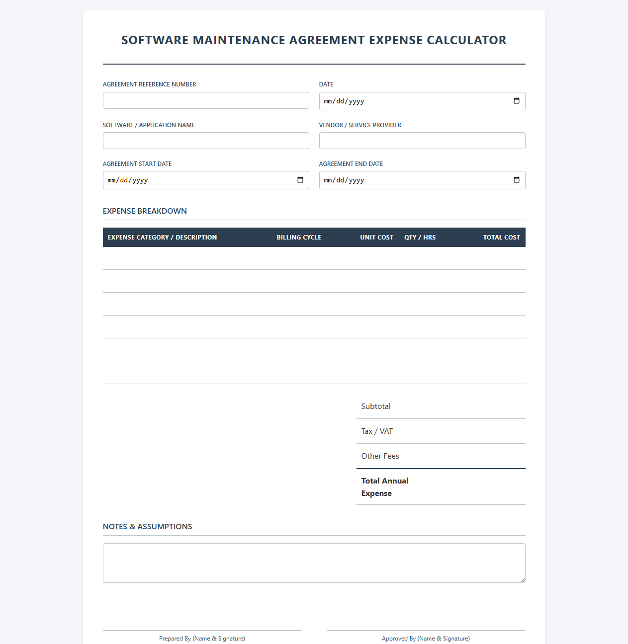 Software Maintenance Agreement Expense Calculator