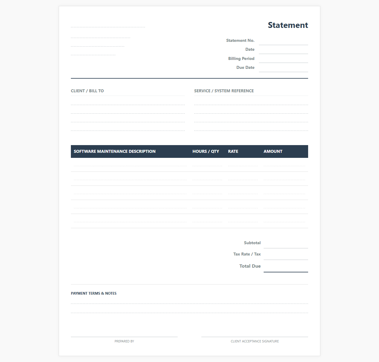 Software Maintenance Monthly Billing Statement