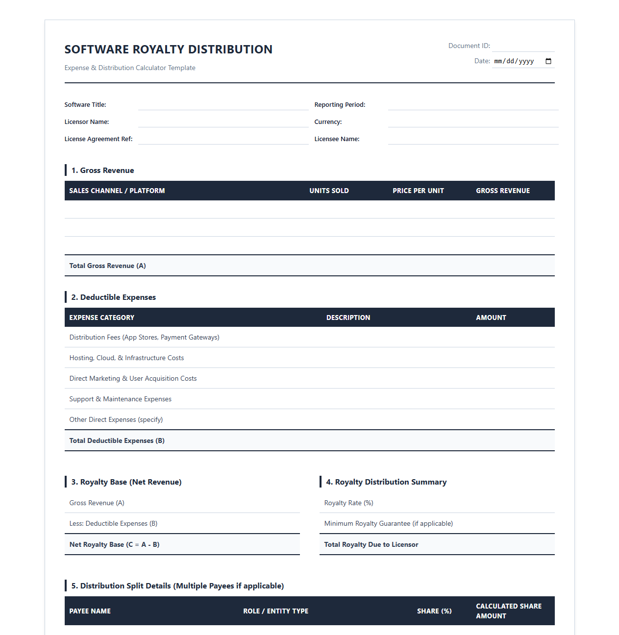 Software Royalty Distribution and Expense Calculator