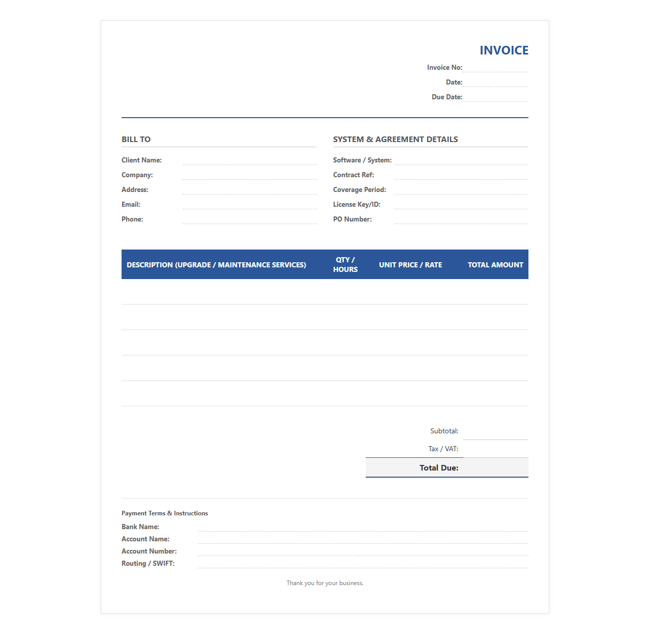 Software Upgrade and Maintenance Billing Invoice