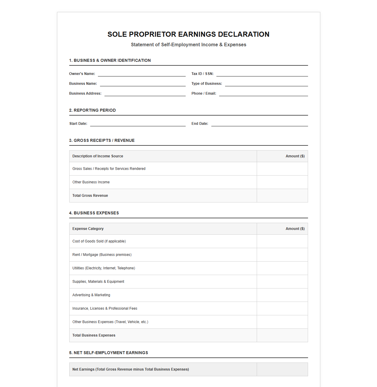 Sole Proprietor Earnings Declaration Template
