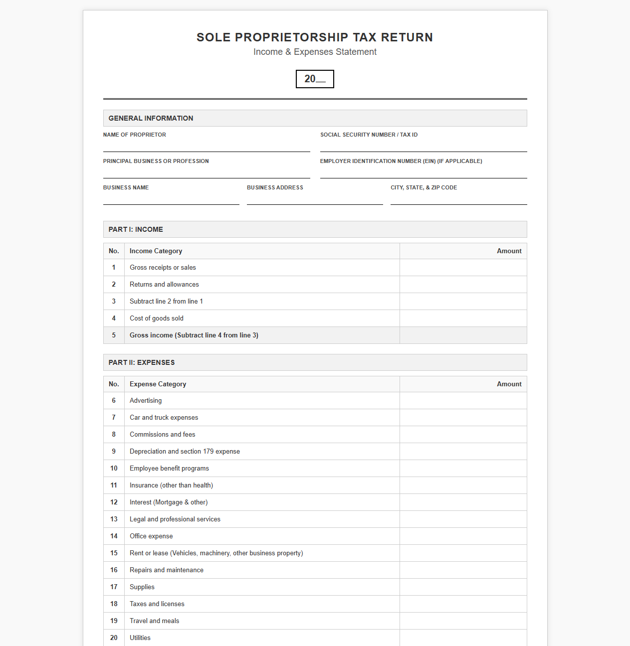 Sole Proprietorship Tax Return Template