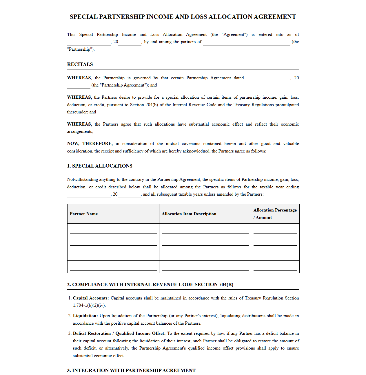 Special Partnership Income and Loss Allocation Agreement