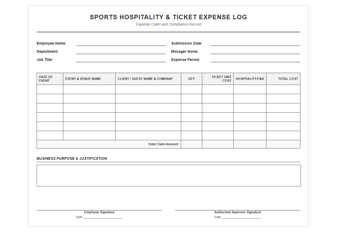 Sports Hospitality and Ticket Expense Log