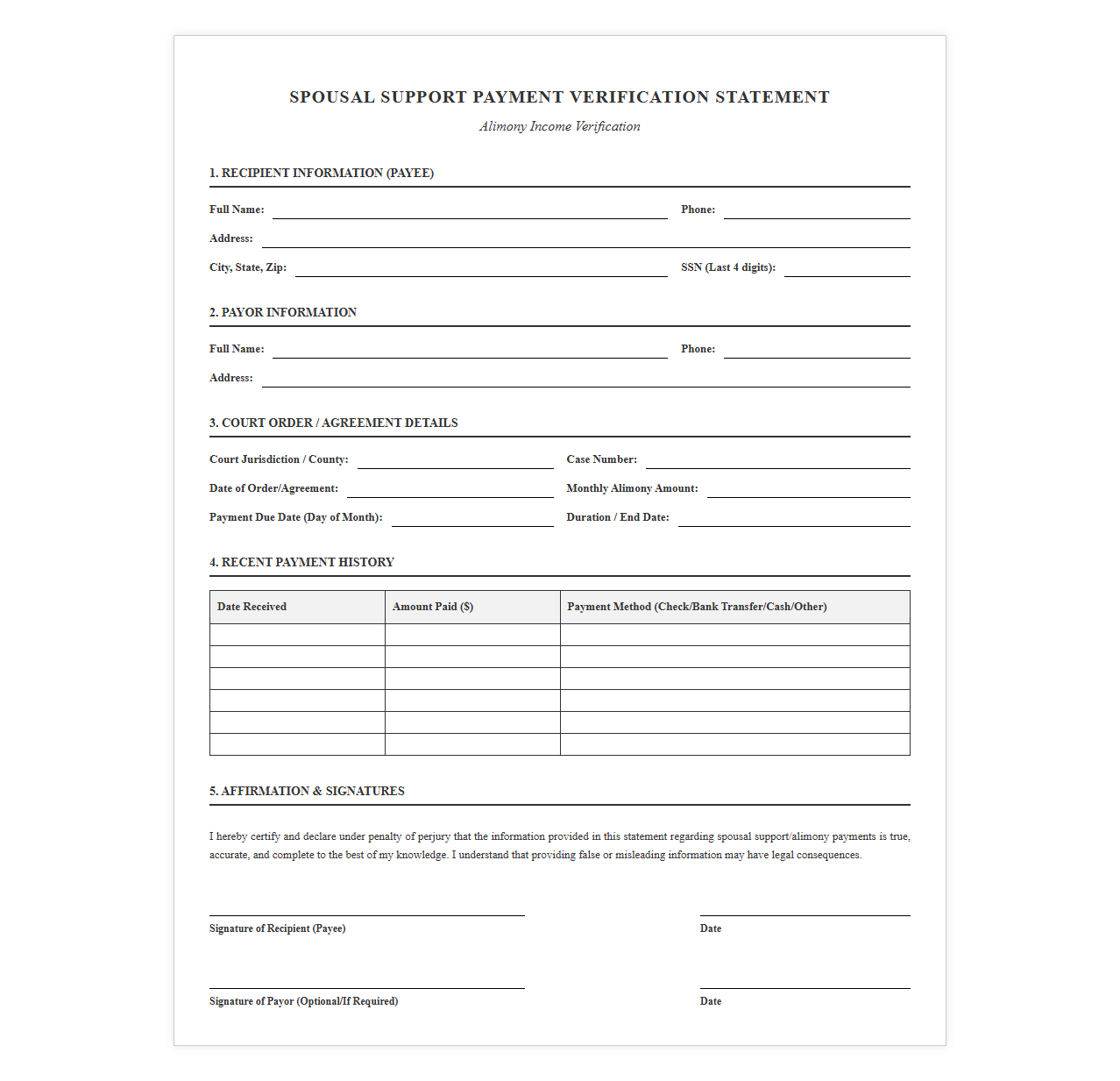 Spousal Support Payment Verification Statement