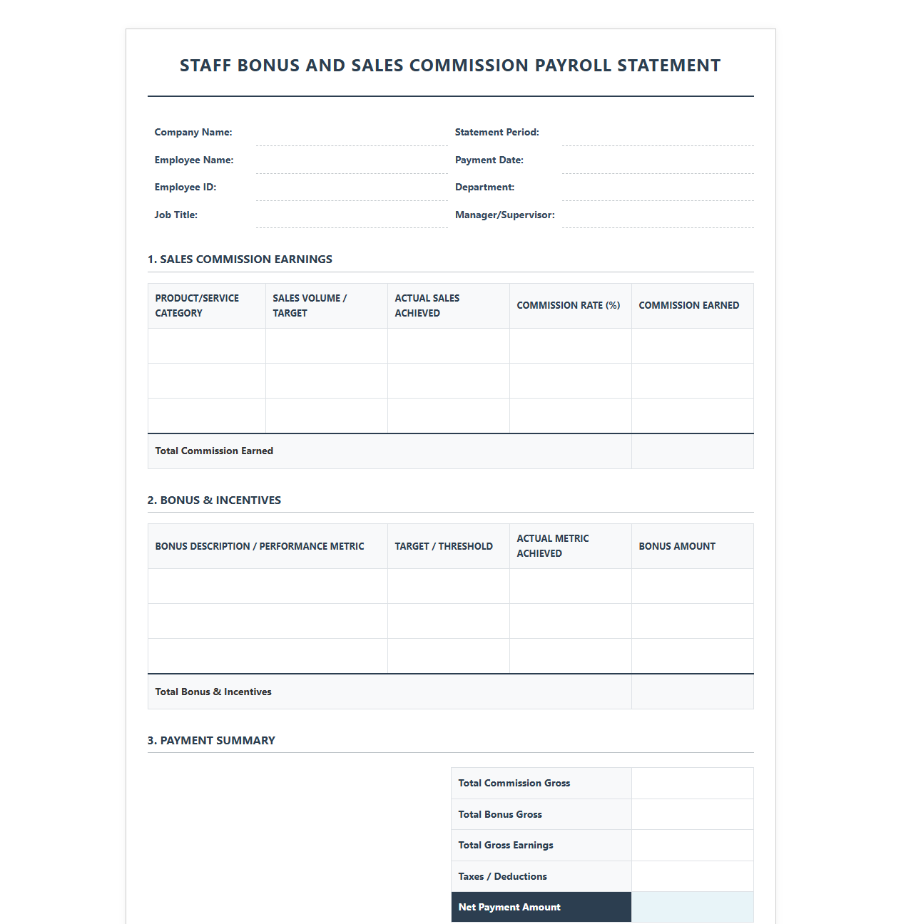 Staff Bonus and Sales Commission Payroll Statement