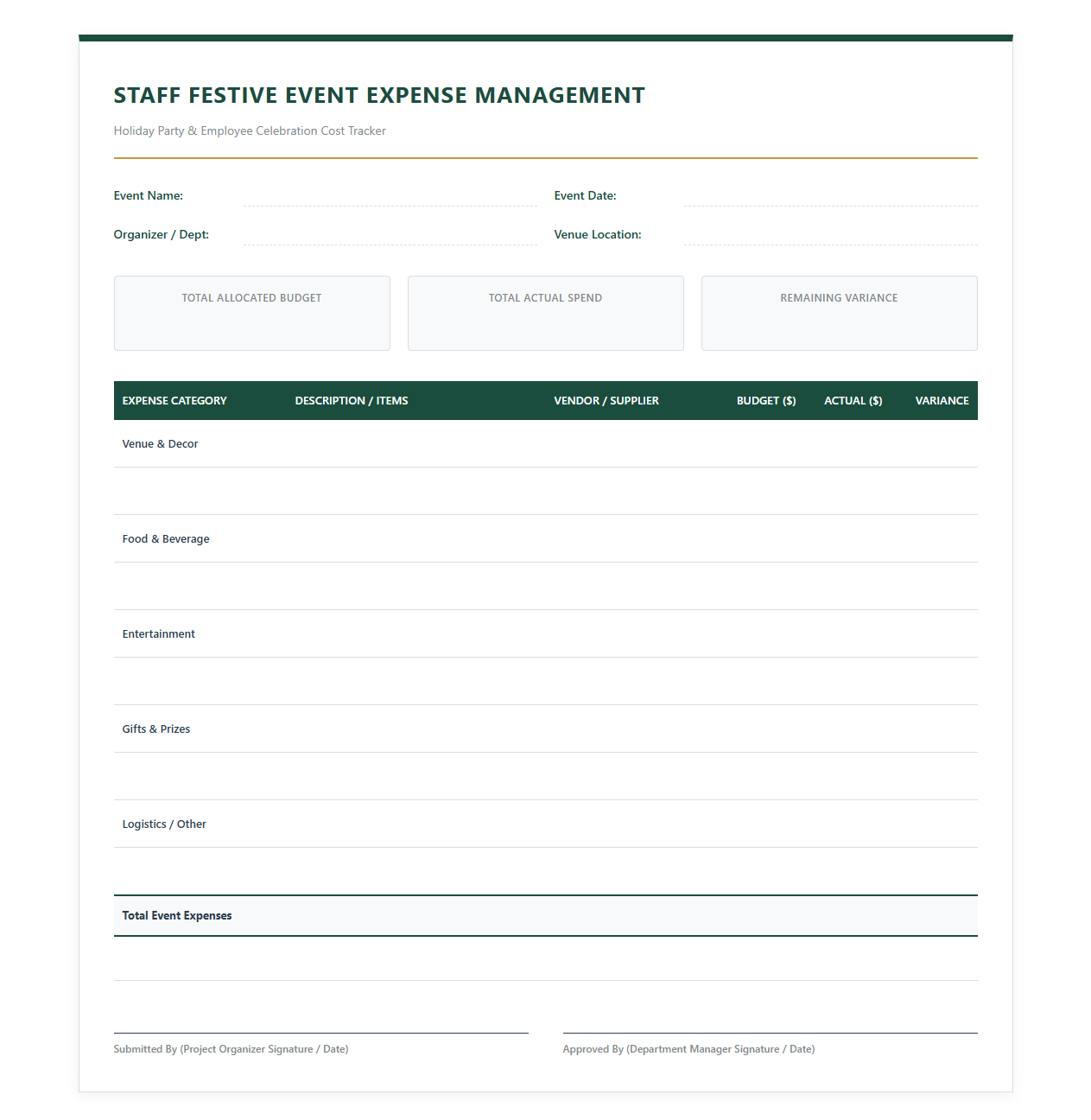 Staff Festive Event Expense Management Template