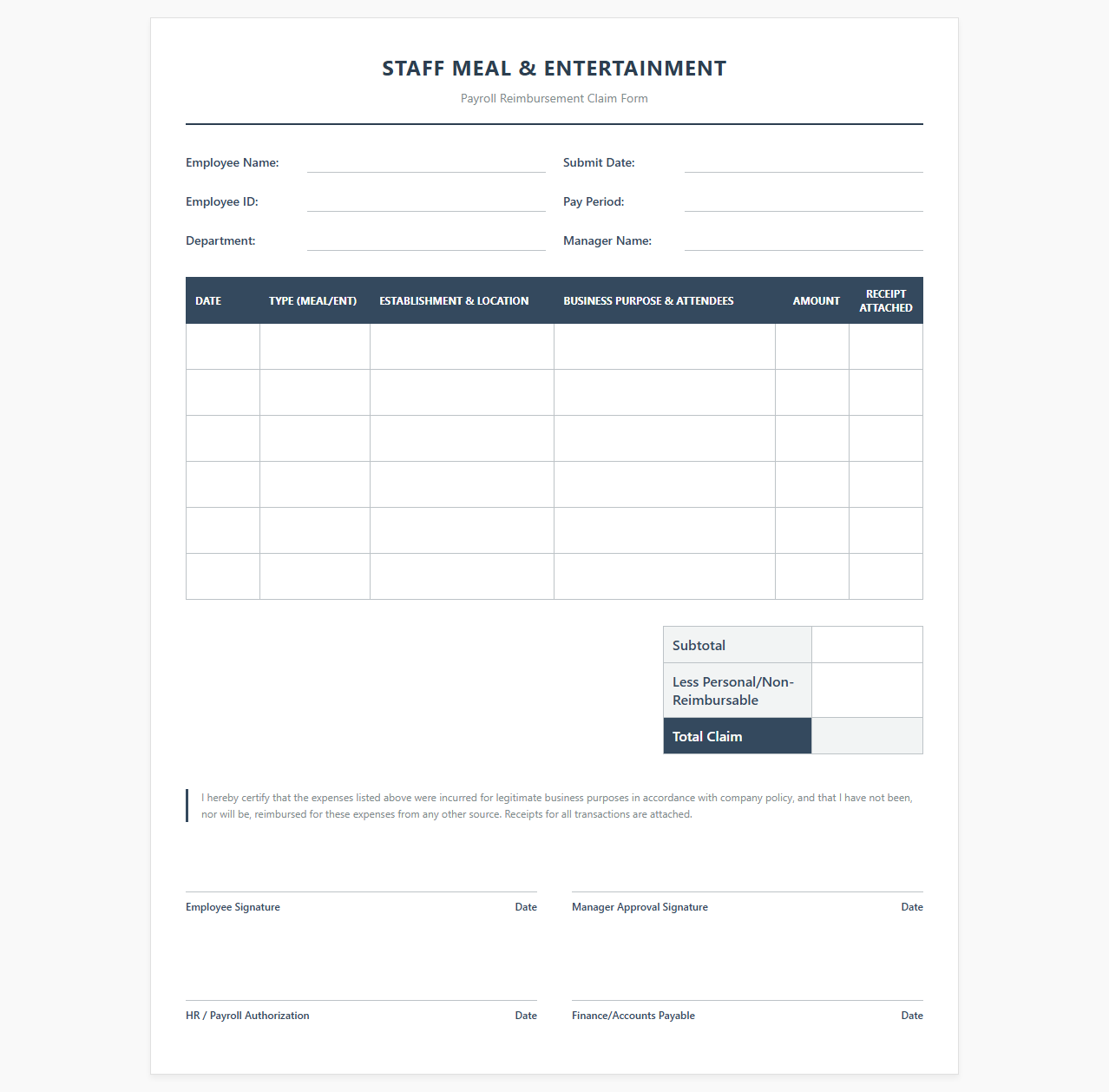 Staff Meal and Entertainment Payroll Reimbursement Template