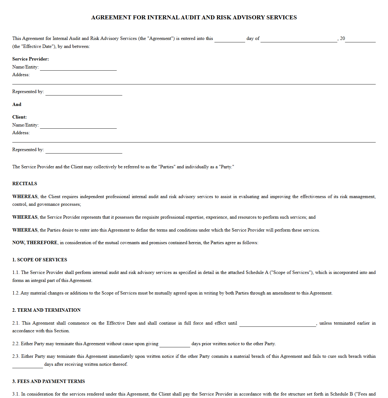 Standard Agreement for Internal Audit and Risk Advisory Services