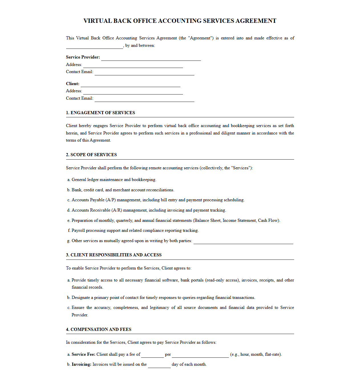 Standard Agreement for Outsourced Back Office Accounting