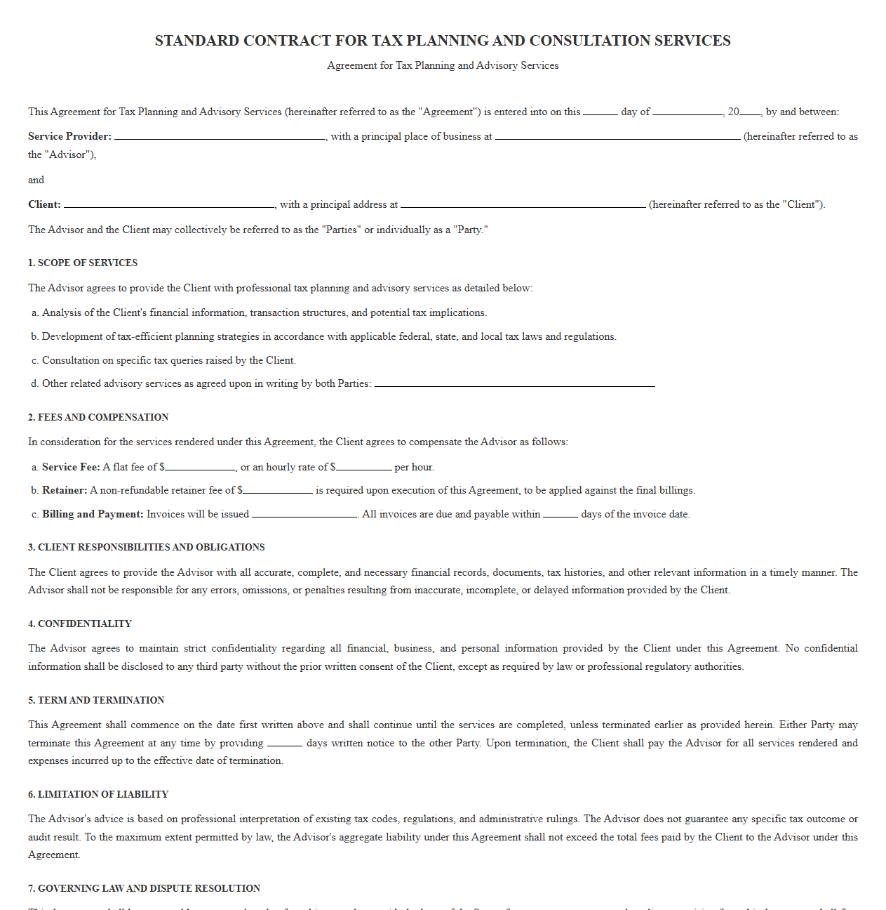 Standard Contract for Tax Planning and Consultation Services