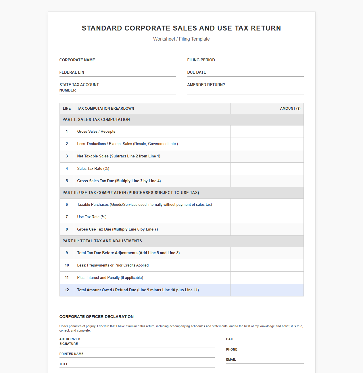 Standard Corporate Sales and Use Tax Return Worksheet