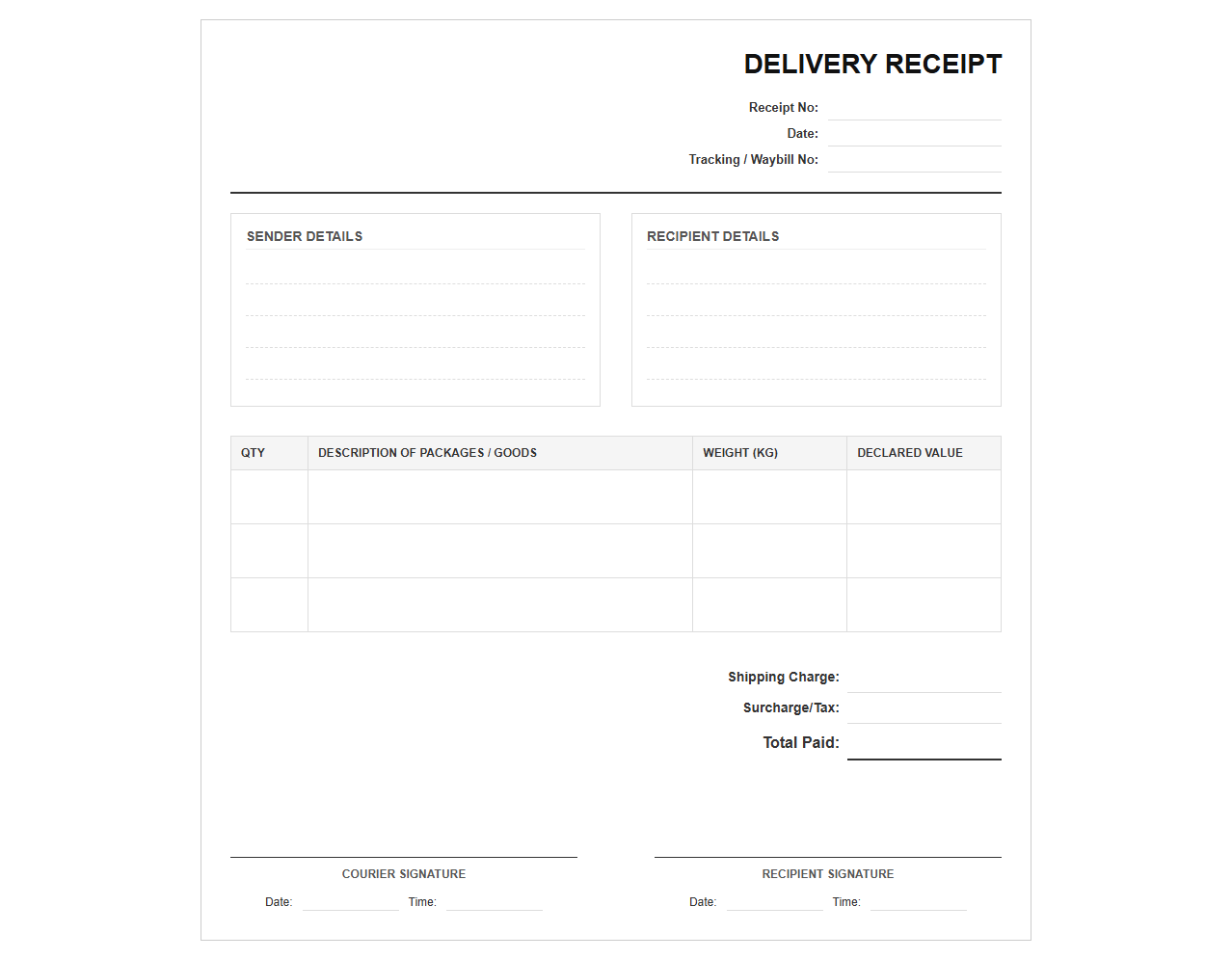 Standard Courier Delivery Receipt Template
