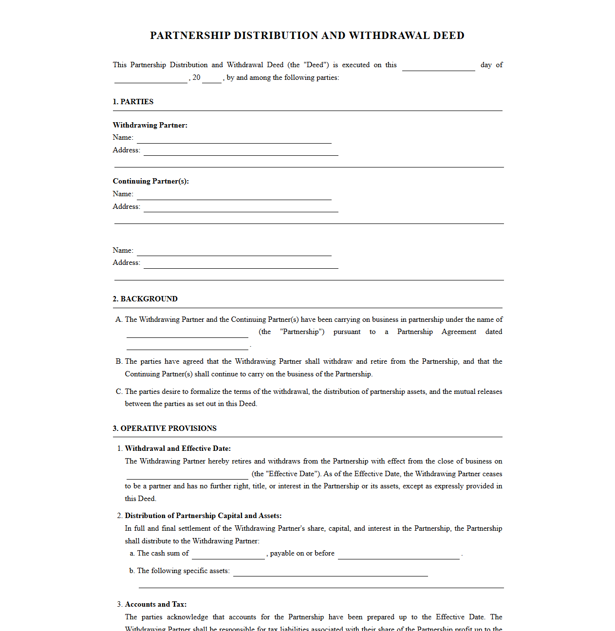 Standard Partnership Distribution and Withdrawal Deed
