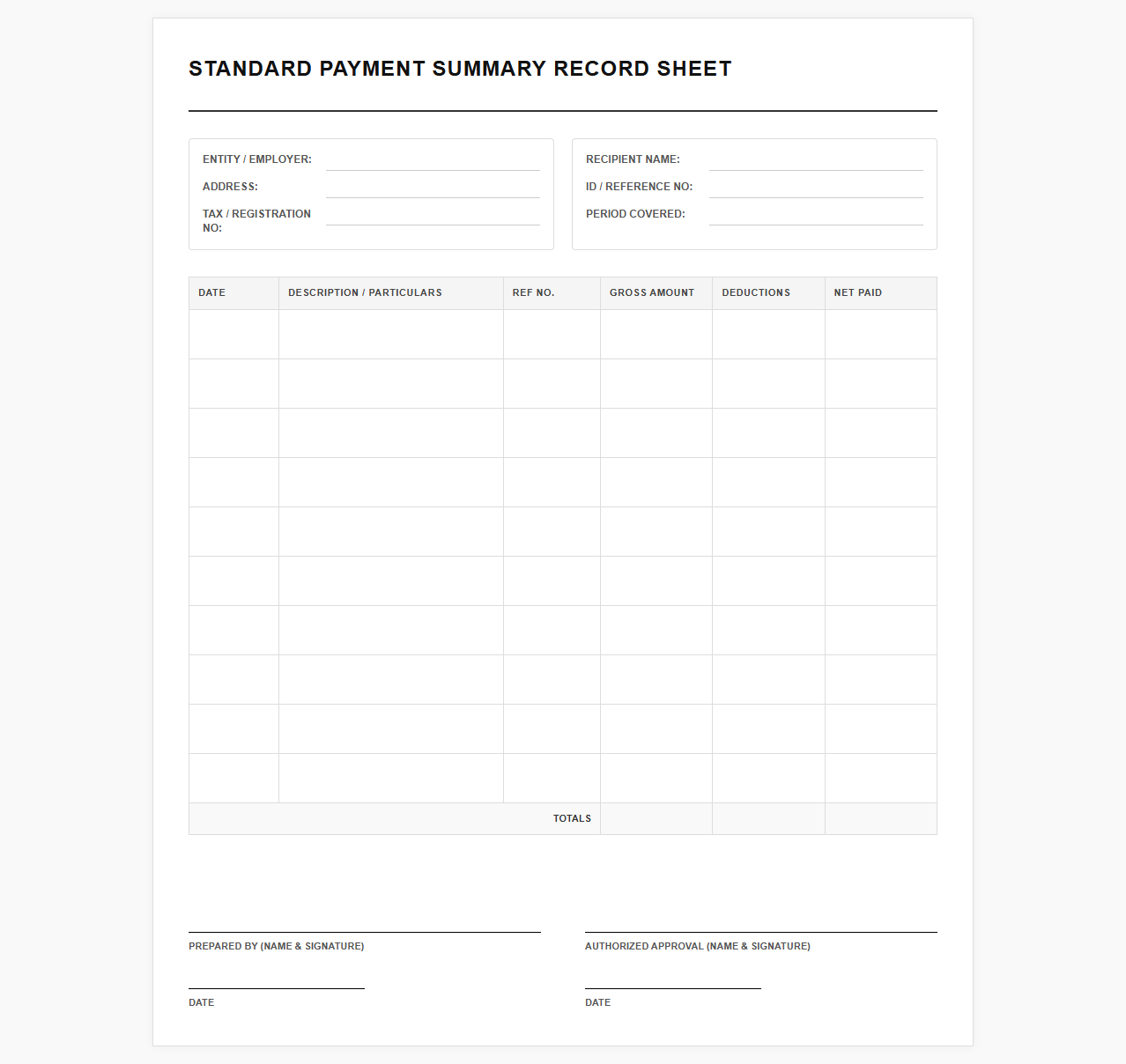 Standard Payment Summary Record Sheet