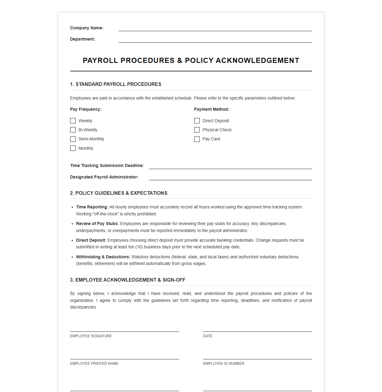 Standard Payroll Procedures and Policy Acknowledgement Sign-Off