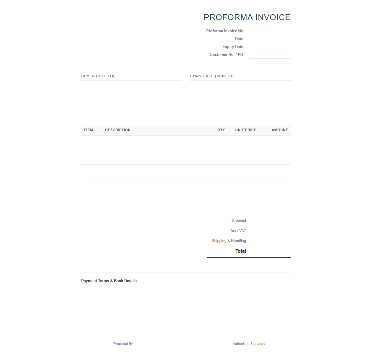 Standard Proforma Invoice Template