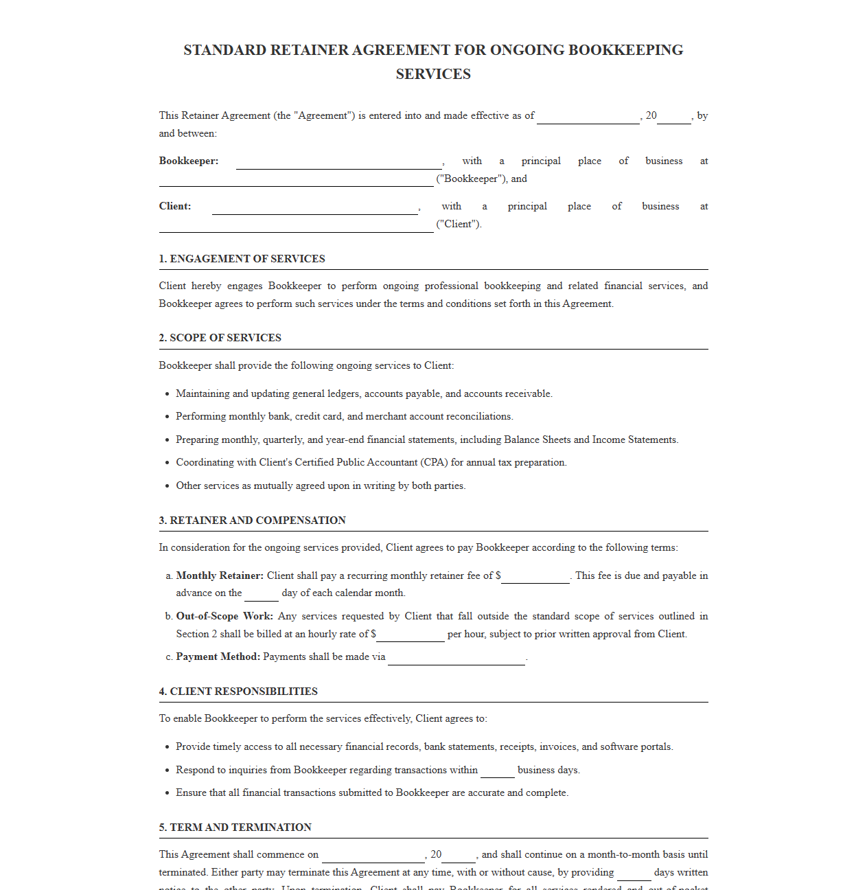 Standard Retainer Agreement for Ongoing Bookkeeping