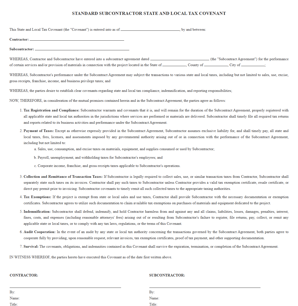 Standard Subcontractor State and Local Tax Covenant