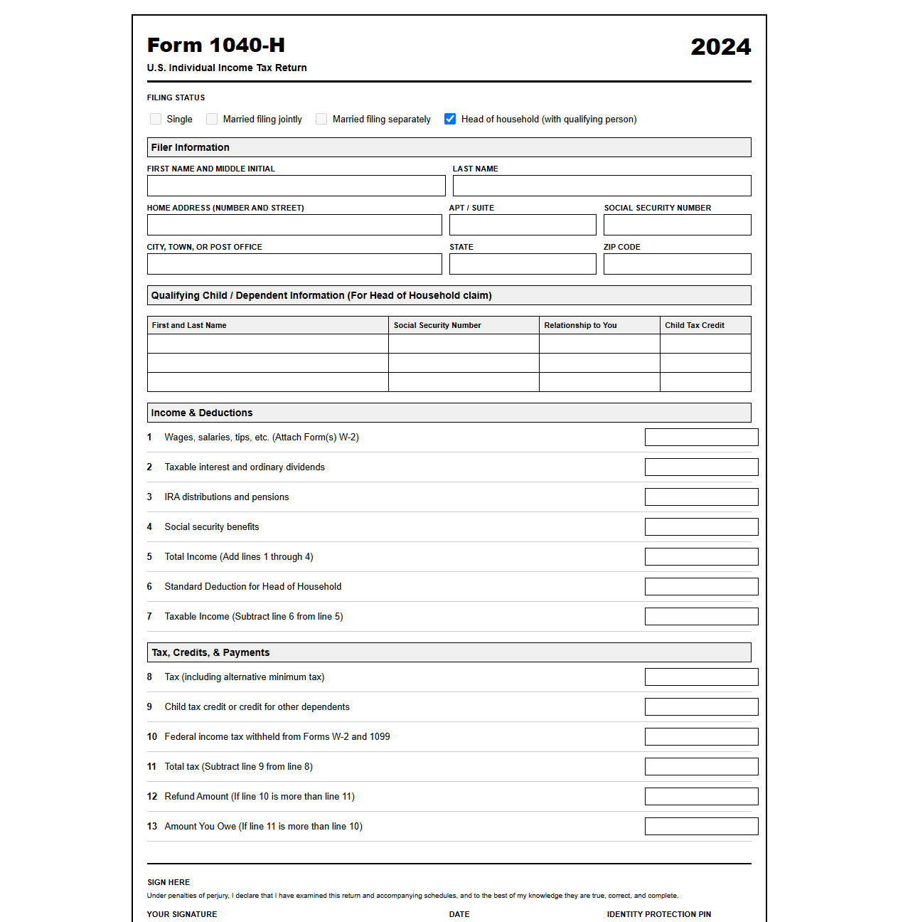 Standard Tax Return Template for Head of Household
