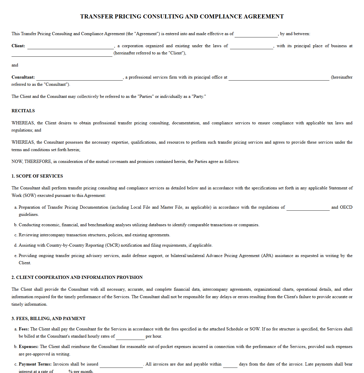 Standard Transfer Pricing Consulting and Compliance Agreement