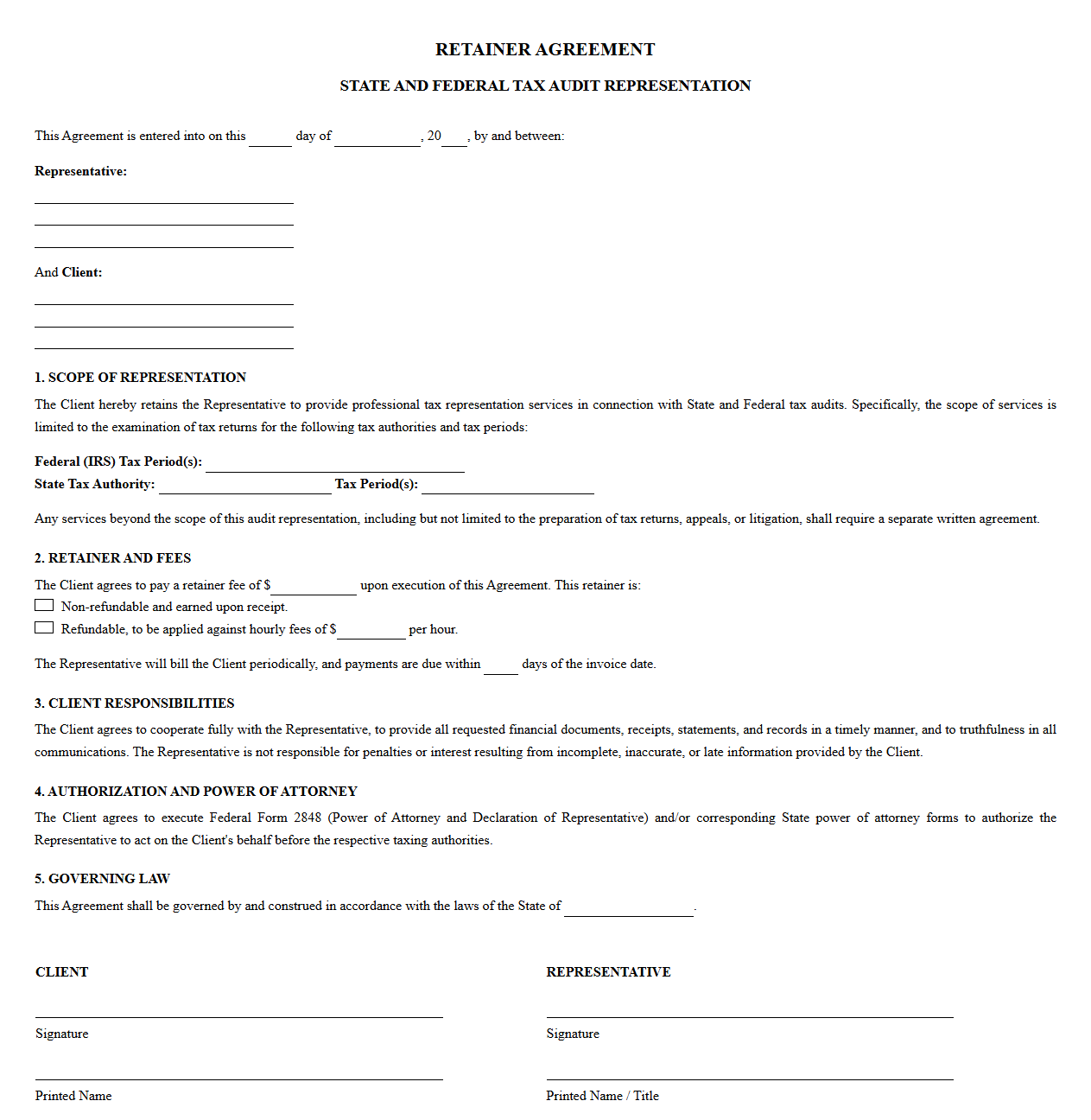 State and Federal Tax Audit Representation Retainer