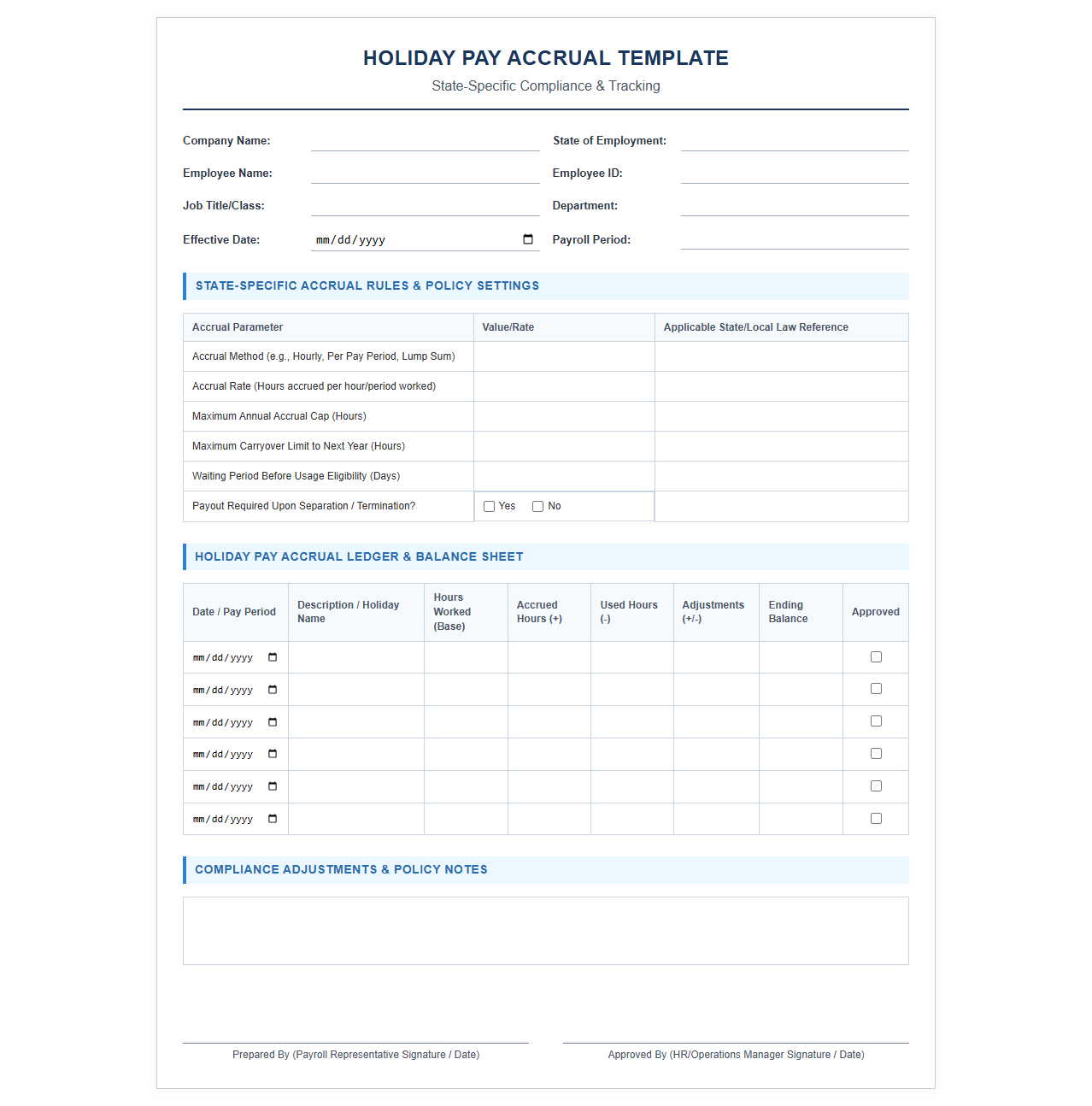 State-Specific Holiday Pay Accrual Template