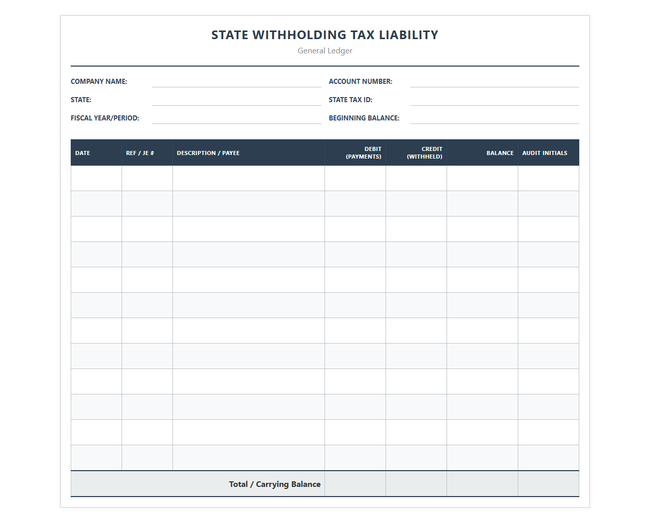 State Withholding Tax Liability General Ledger