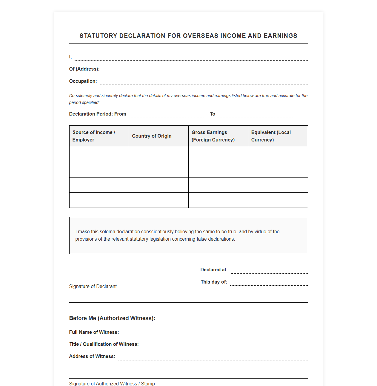 Statutory Declaration for Overseas Income and Earnings