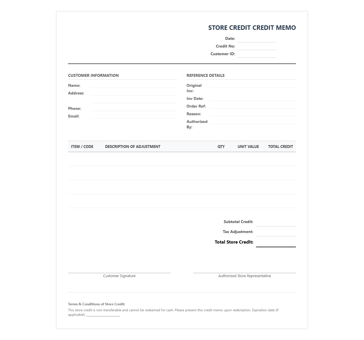 Store Credit Adjustment Invoice Template