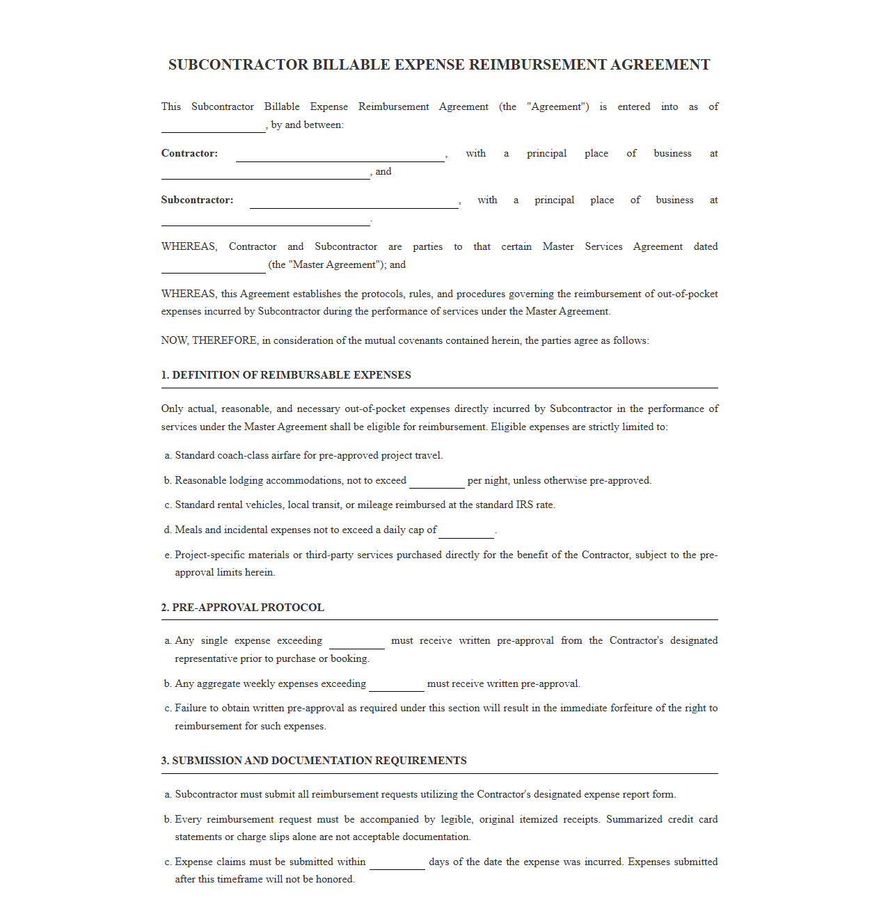 Subcontractor Billable Expense Reimbursement Agreement