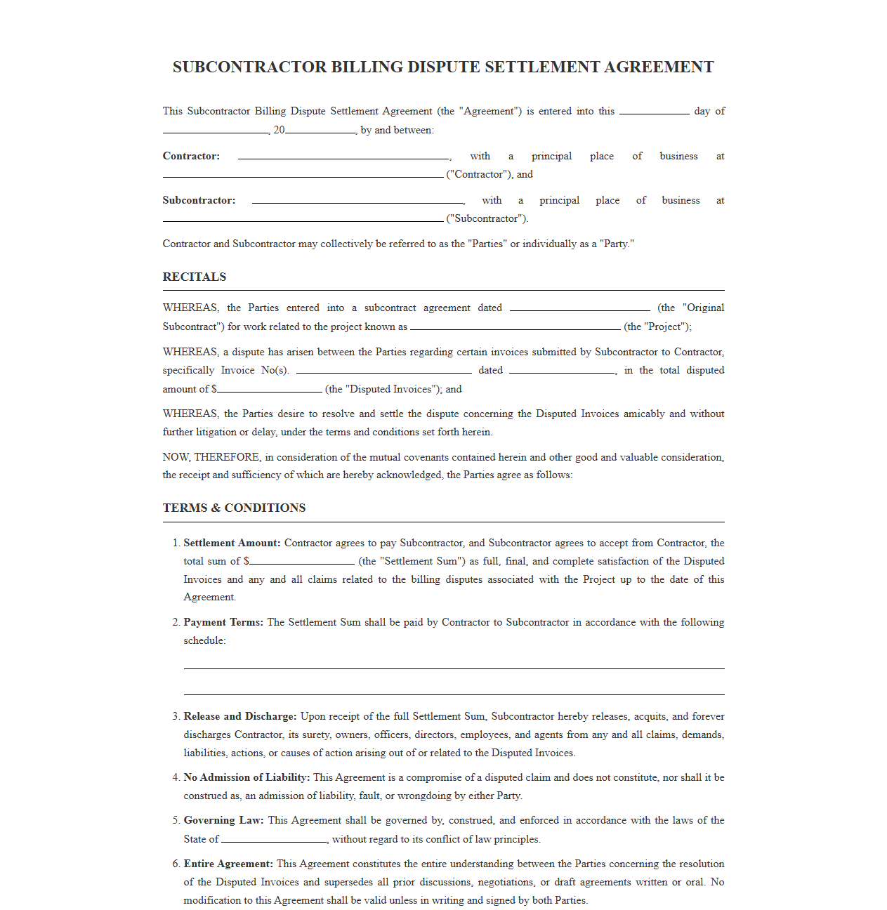 Subcontractor Billing Dispute Settlement Template